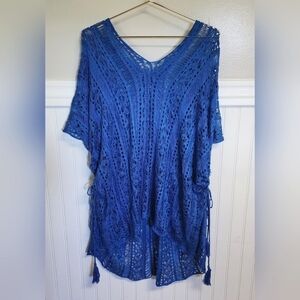 Summer Knit Tassel Side Slit Royal Blue Beach Cover-Up One Size New Without Tags